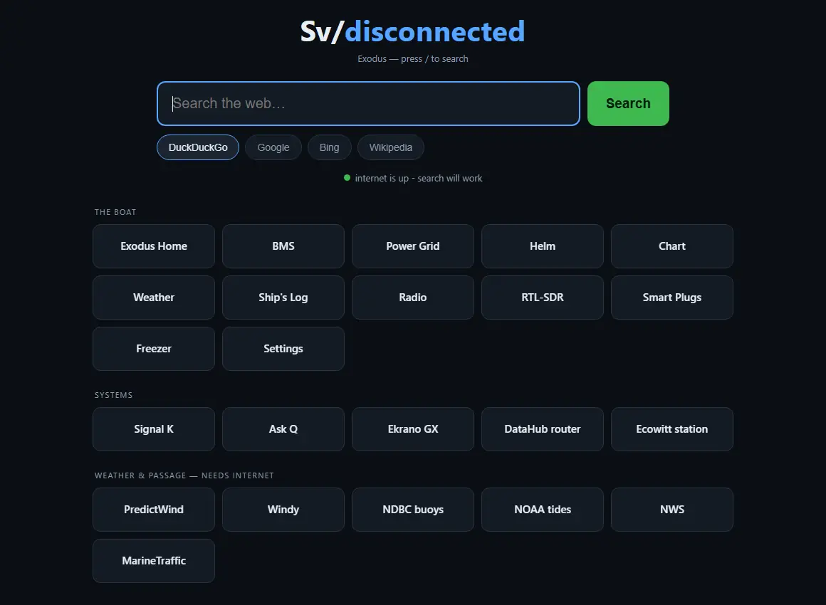 The Sv/disconnected launcher: a web search box above grouped buttons for the boat screens, systems, and weather and passage sites