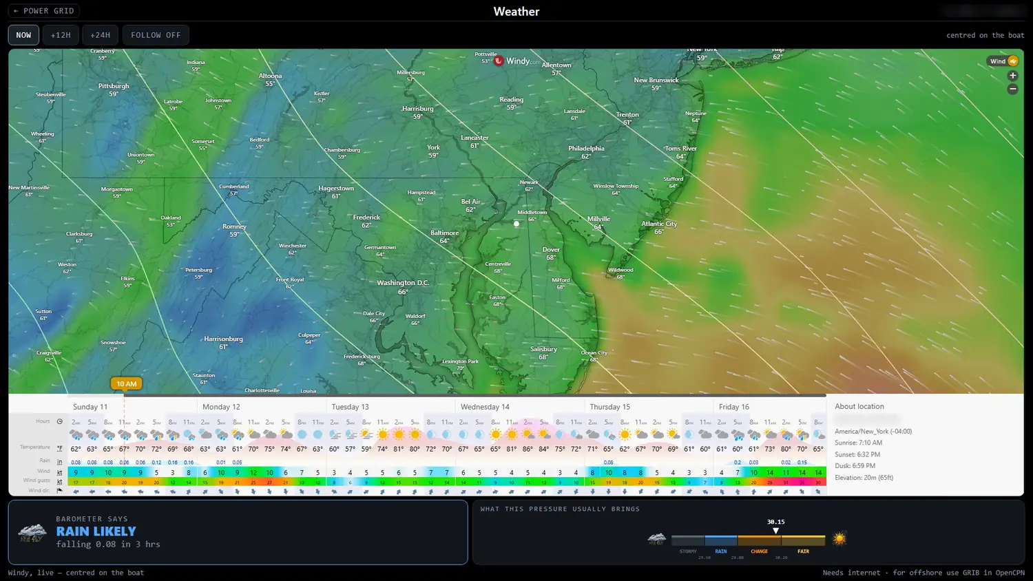The weather screen: a live Windy map centred on the boat with a multi-day forecast table under it, and a barometer panel at the bottom saying rain is likely