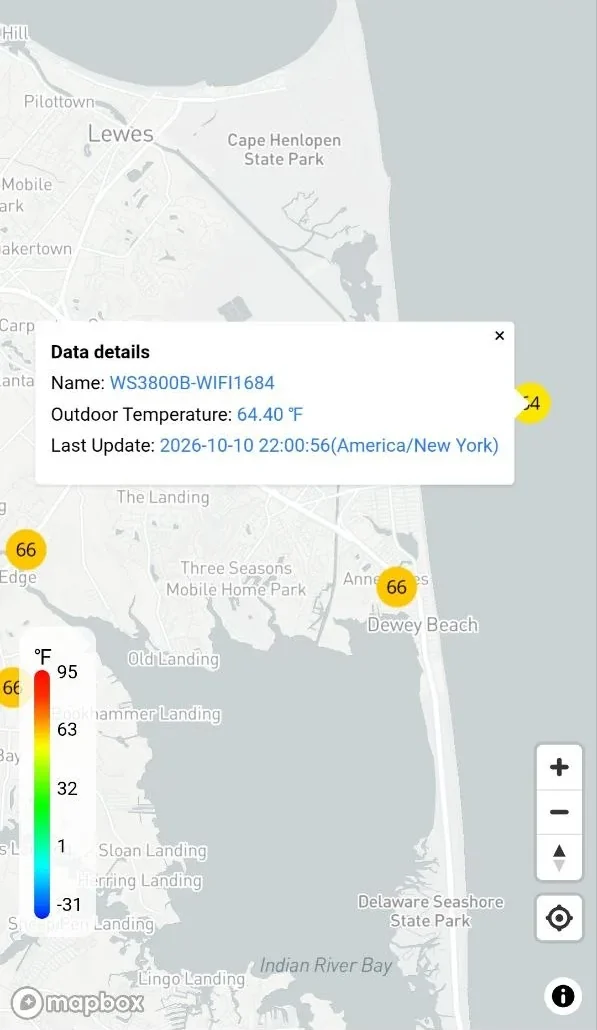 The Ecowitt weather map near Lewes and Dewey Beach, with live temperatures from other people's stations
