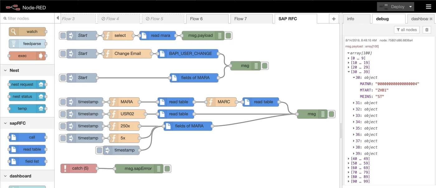The Node-RED flow editor: coloured boxes joined by lines on a canvas, a node palette on the left and a debug sidebar on the right
