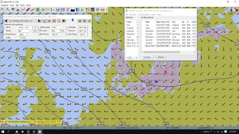 OpenCPN with a GRIB file loaded: rows of small wind arrows over a chart of the north-east Atlantic and the GRIB control dialog open
