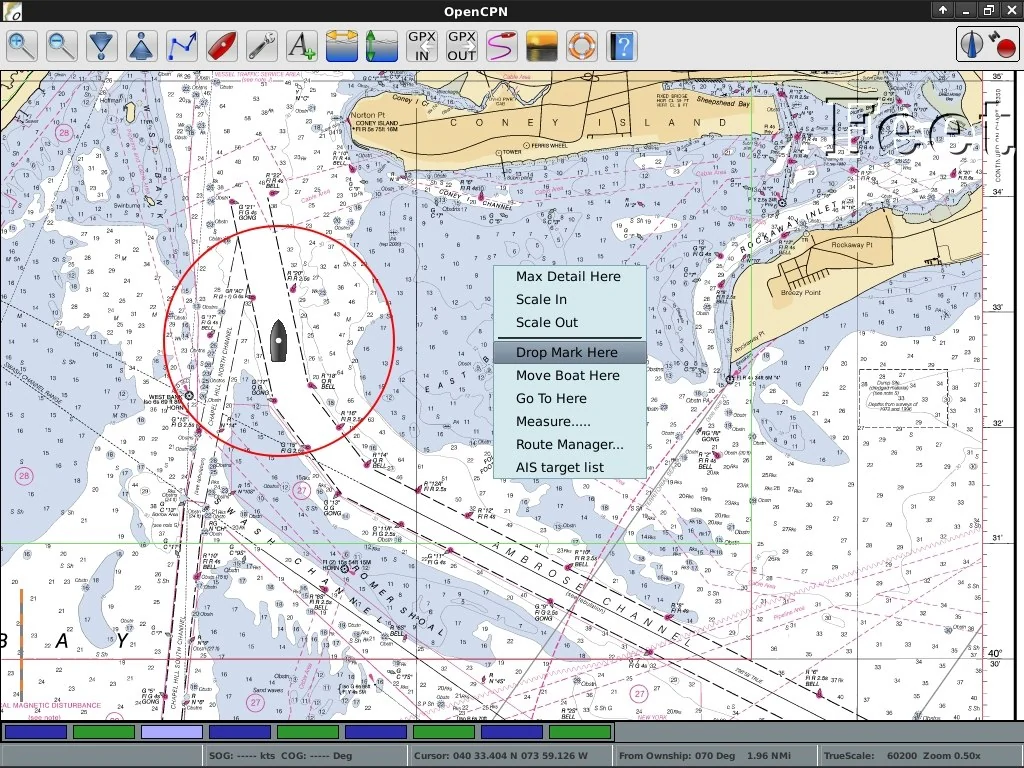 OpenCPN showing a nautical chart with the own-ship symbol, a range ring and the right-click menu