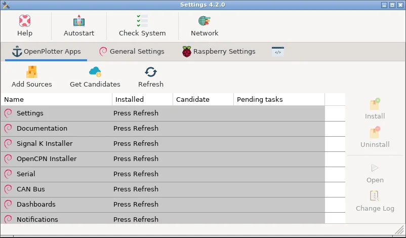 The OpenPlotter Settings window with tabs for OpenPlotter apps, general settings and Raspberry settings, and a list of installable apps