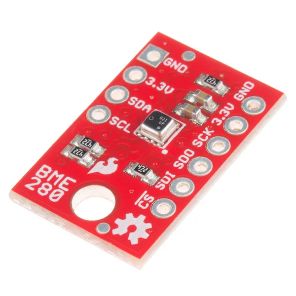 A red BME280 pressure, temperature and humidity breakout board