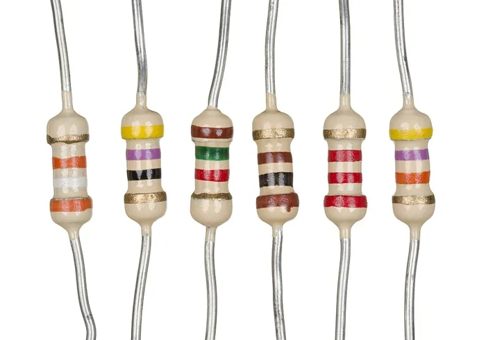 Six axial resistors with coloured bands on their bodies