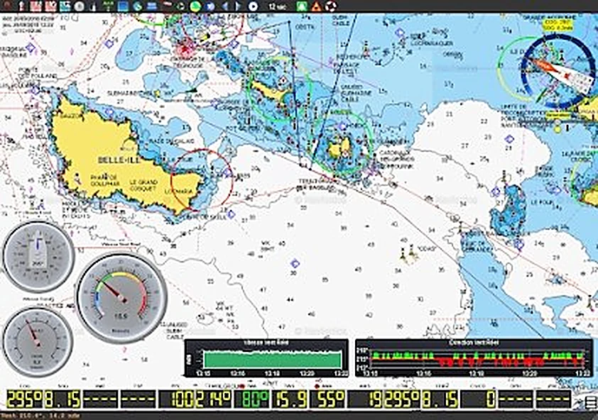 qtVlm showing a nautical chart with instrument dials along the bottom