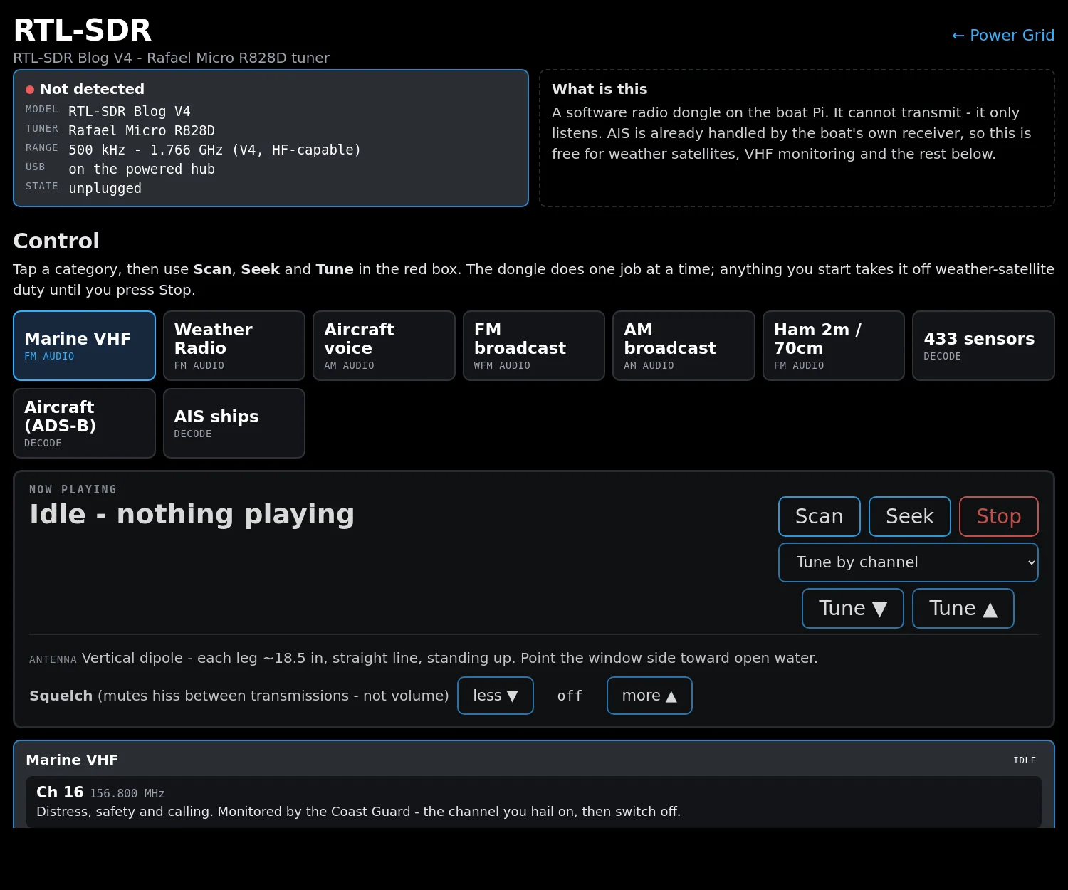 The Exodus RTL-SDR page: dongle status, a row of category buttons for marine VHF, weather radio, aircraft, AIS and more, and tuning controls