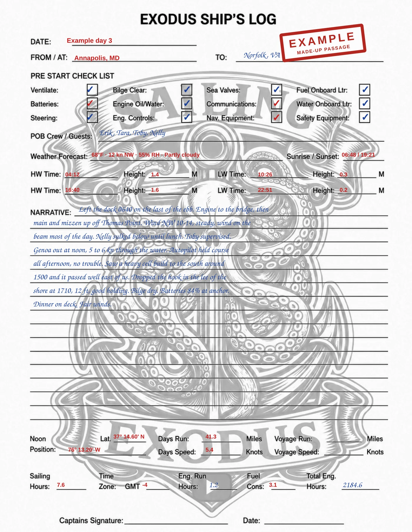 The Exodus ship's log sheet filled in for an example passage: red entries written by the Pi, blue entries written by hand