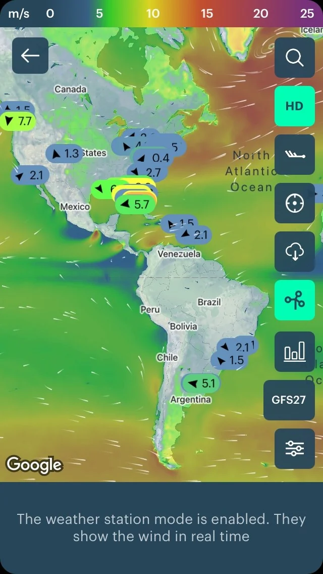 The Windy map in weather station mode, showing live wind readings from many stations around the North Atlantic, the Caribbean and the coast of South America